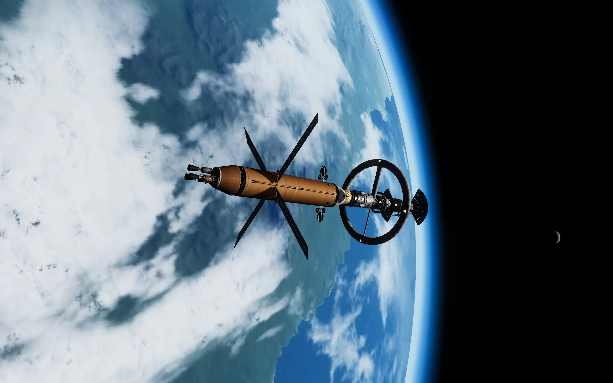 a interplanetary transfer vehicle parked in low kebrin orbit